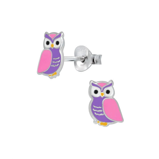 Melchior Jewellery kids silver owl stud earrings with pink and purple enamel cute childrens studs