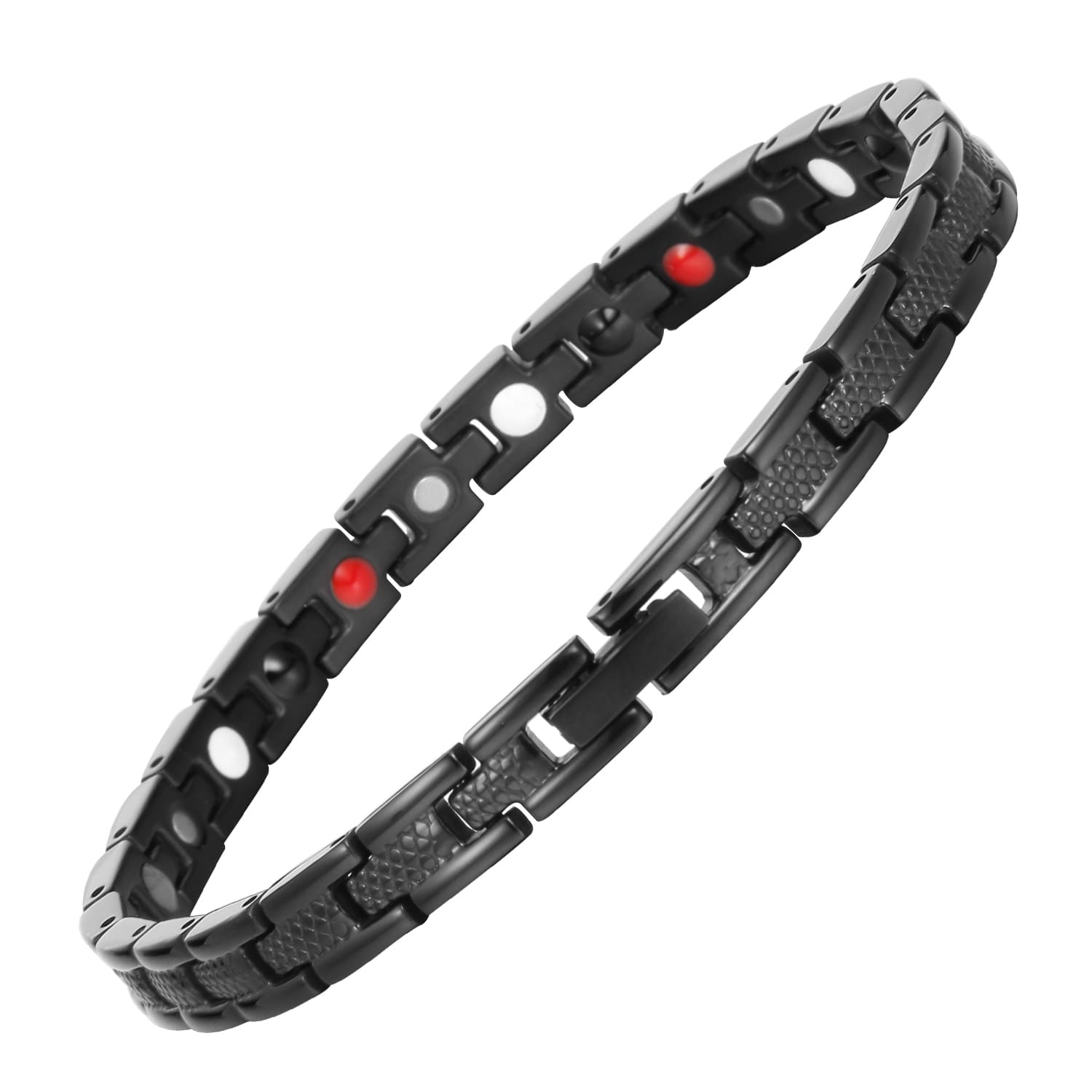 Melchior Jewellery ladies black titanium magnetic bracelet with sleek textured links and visible magnetic pellets