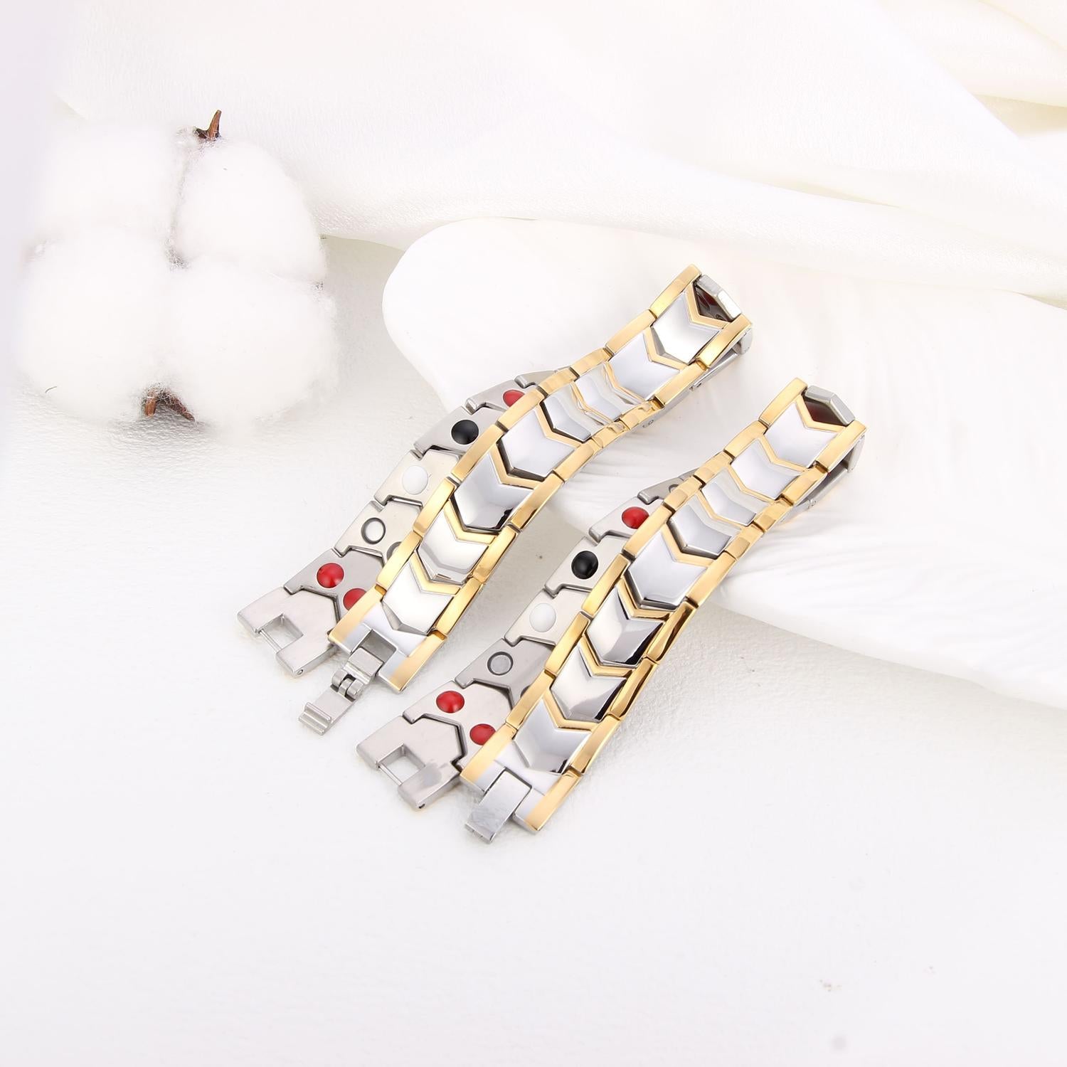 Melchior Jewellery mens gold and silver magnetic therapy bracelet pair with polished gold and silver links and magnetic elements