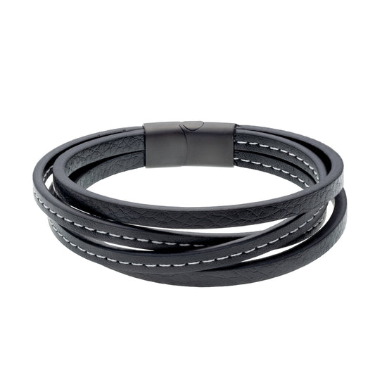 Sentiell men's leather and steel bracelet black multi strand with stitched detail and magnetic clasp
