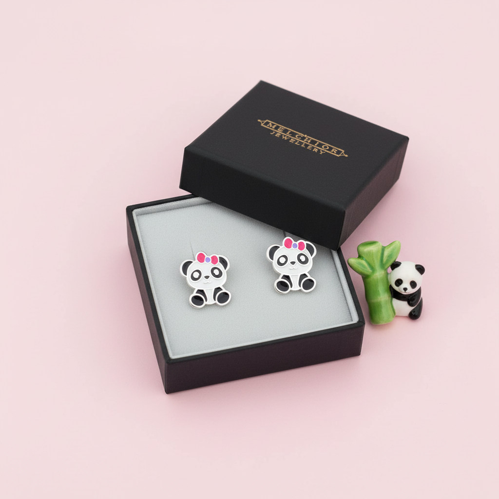 Melchior Jewellery panda stud earrings for little girls with pink bows in black gift box