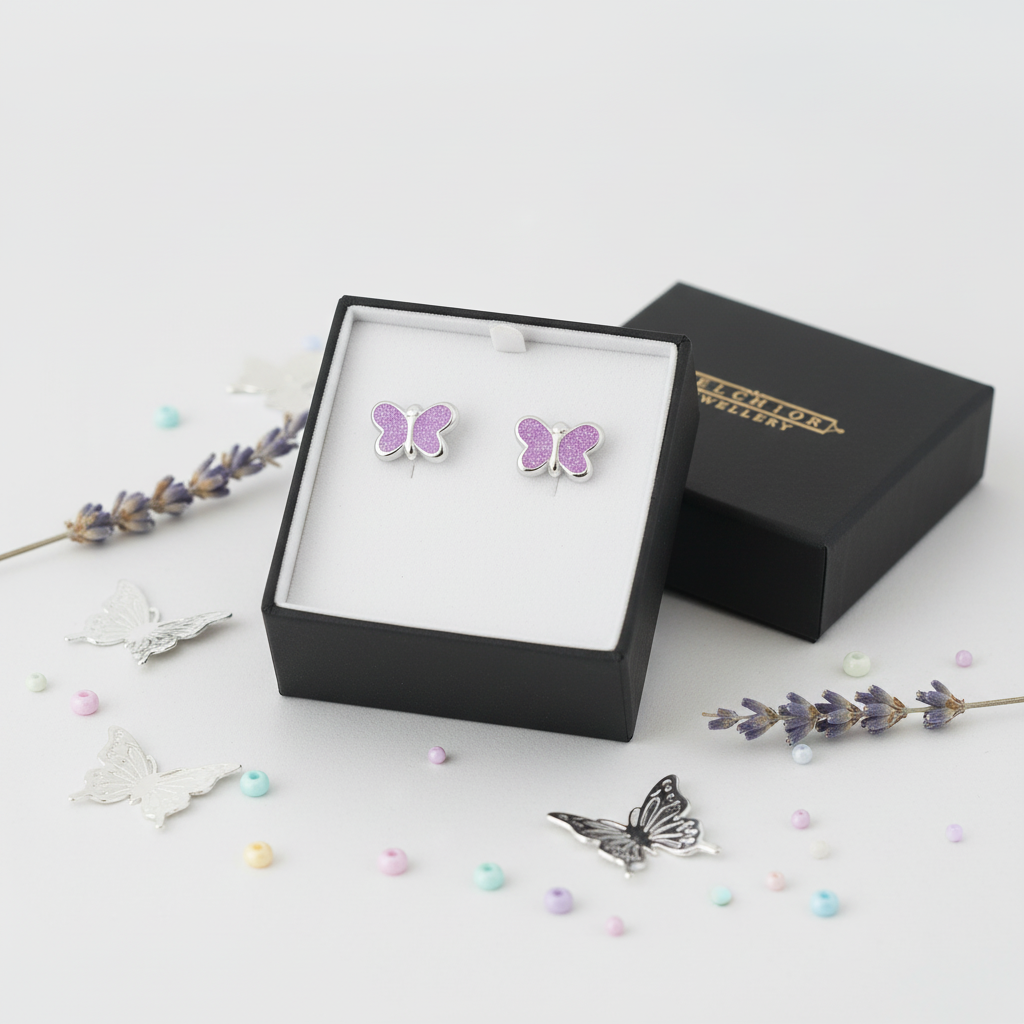 Purple glitter butterfly stud earrings for kids by Melchior Jewellery in a black gift box with decorative butterflies and beads