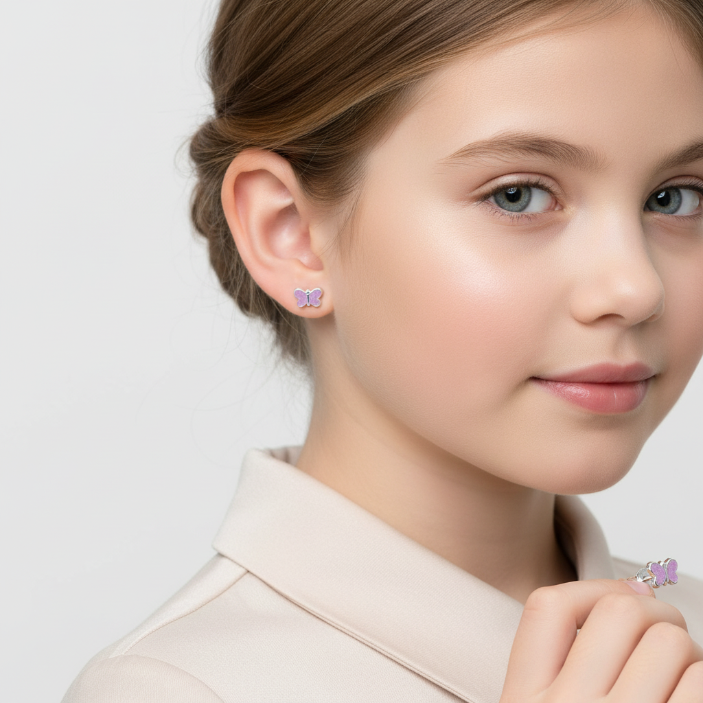 Purple glitter butterfly stud earrings for kids worn by a young girl with light brown hair