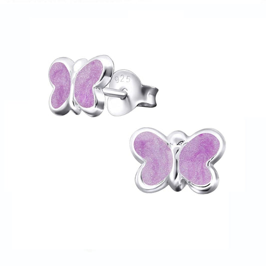 Purple glitter butterfly stud earrings for kids by Melchior Jewellery in sterling silver