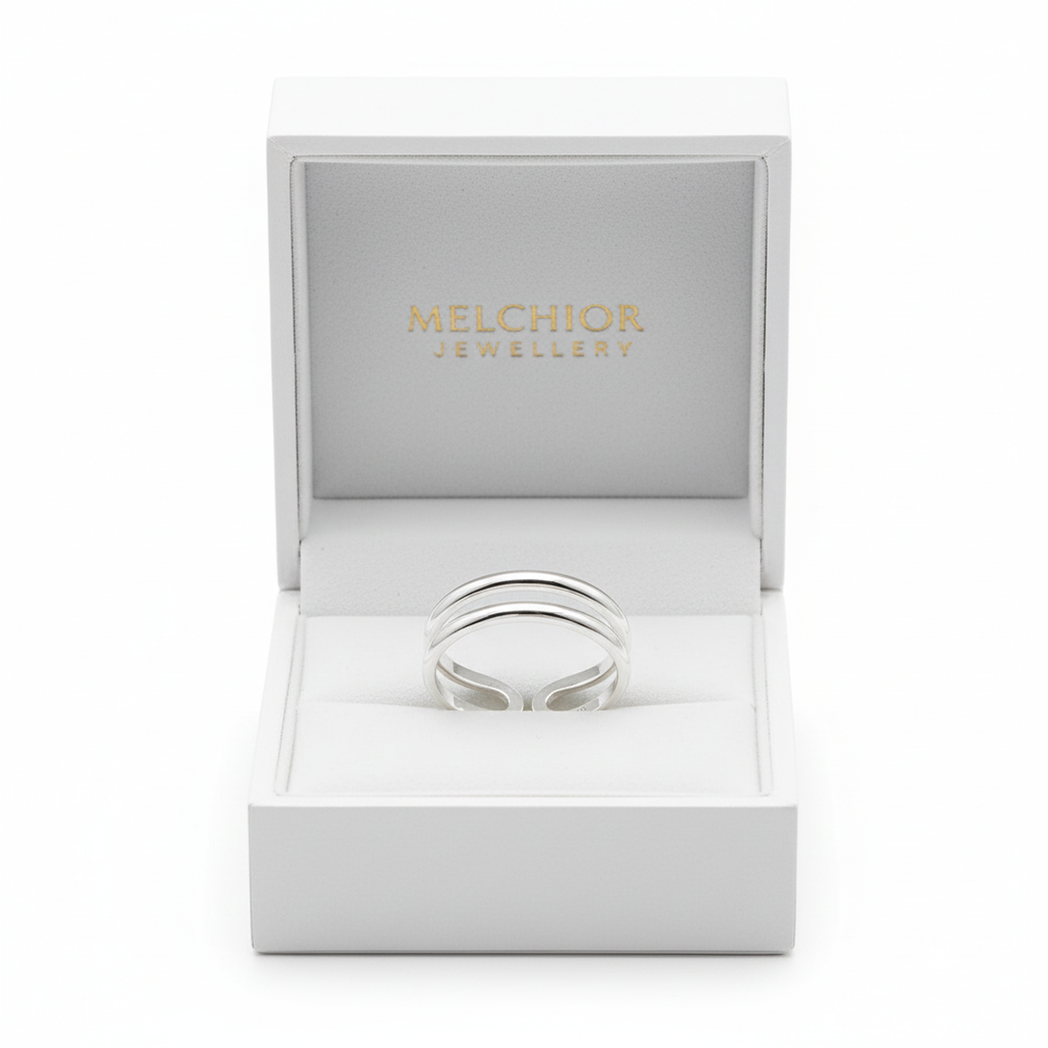 Melchior Jewellery silver double band toe ring displayed in a white presentation box