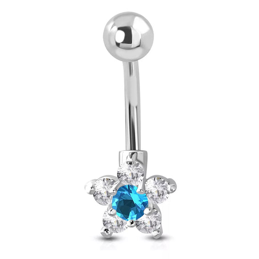 Melchior Jewellery stainless steel flower belly bar with blue crystal centre and clear gems for navel piercing