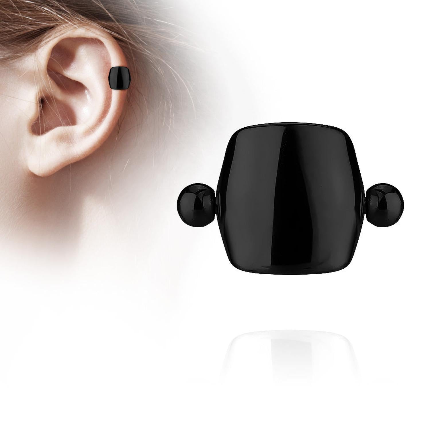 Melchior Jewellery black square helix stud shown on ear with close up stainless steel helix piercing