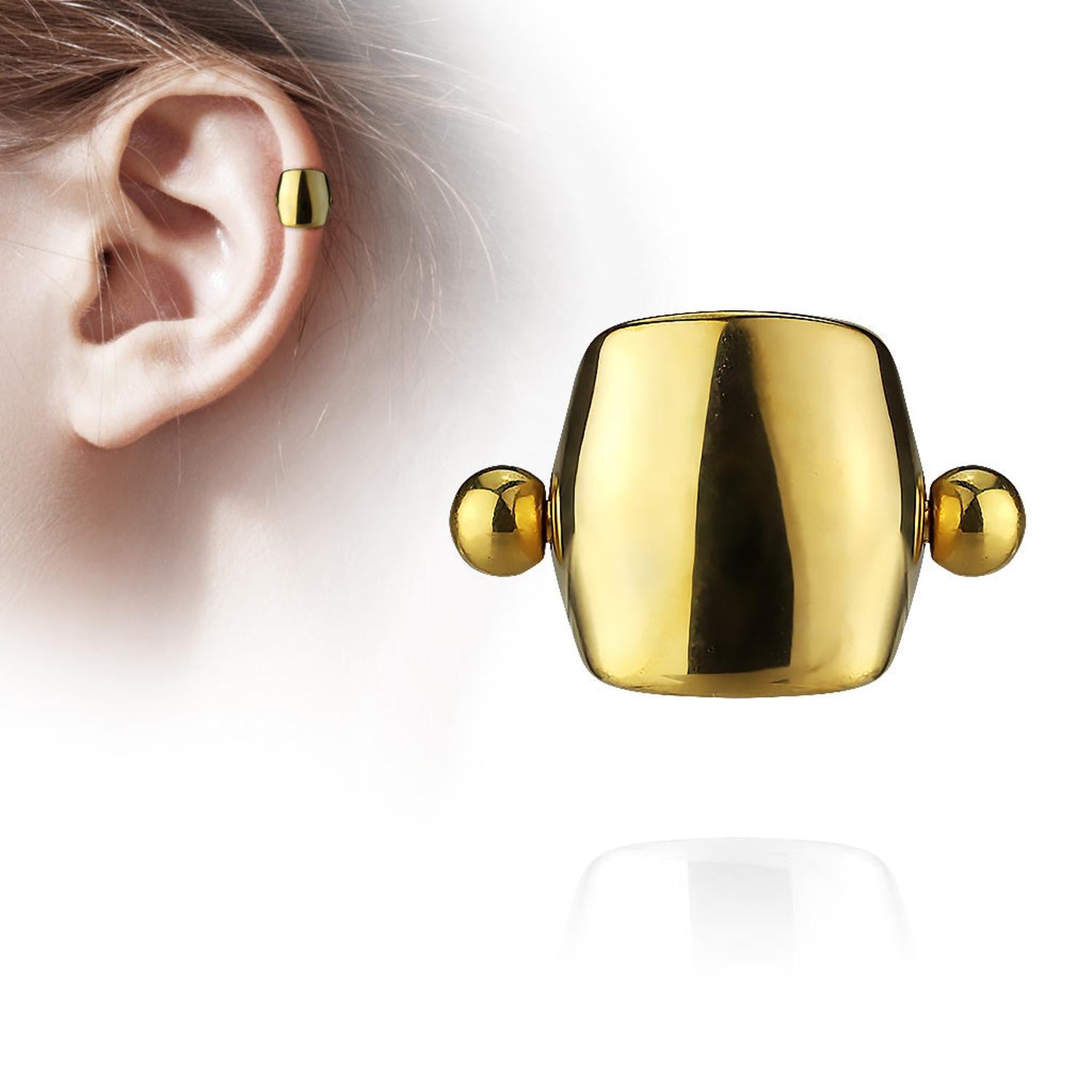 Melchior Jewellery gold helix cuff worn on upper ear showing polished barrel and ball ends stainless steel helix piercing