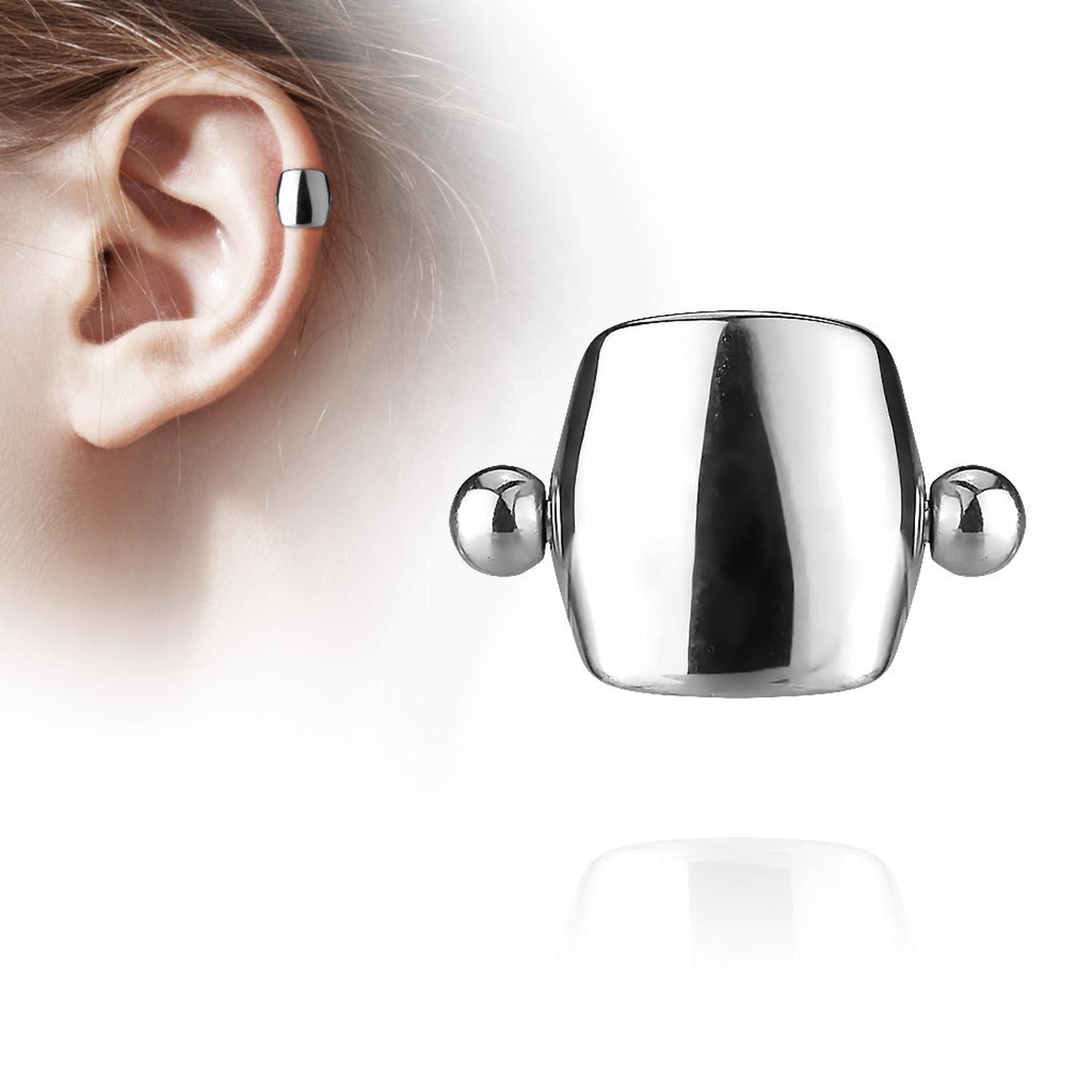Melchior Jewellery stainless steel helix piercing polished rectangular shield with ball ends shown on upper ear