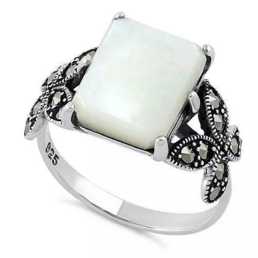 Melchior Jewellery sterling silver mother of pearl ring with rectangular white pearl and marcasite detailing