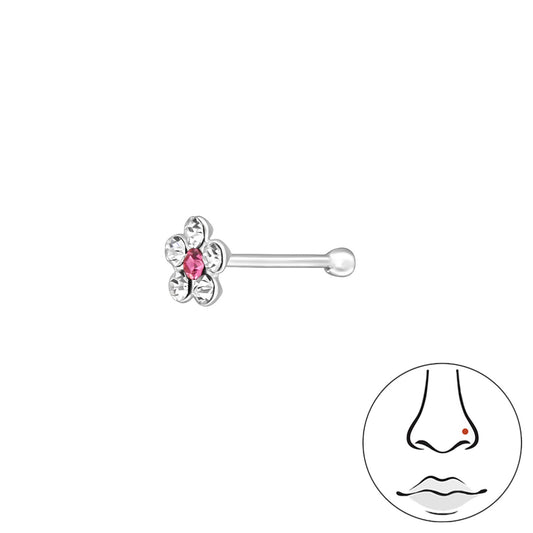 Melchior Jewellery sterling silver pink flower nose stud with central pink crystal and clear petal stones