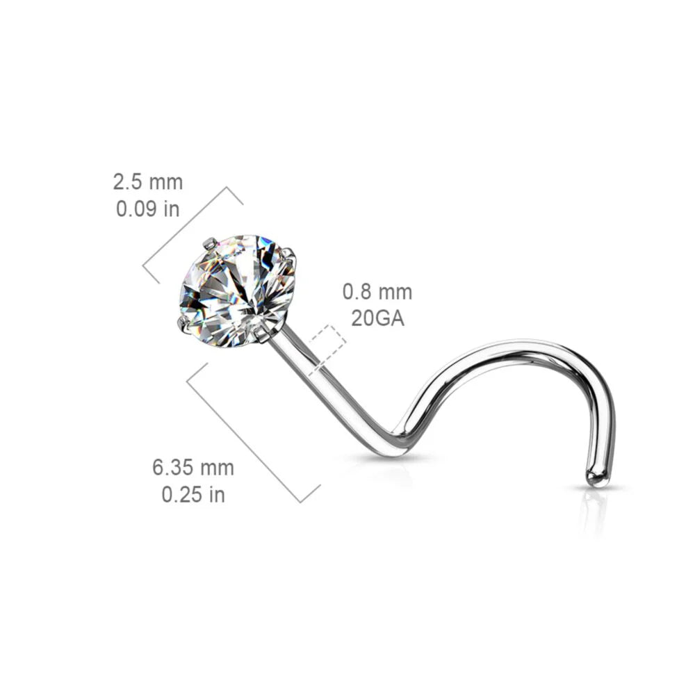 Melchior Jewellery surgical steel crystal nose screw with round clear 2.5mm gem and 20GA stem