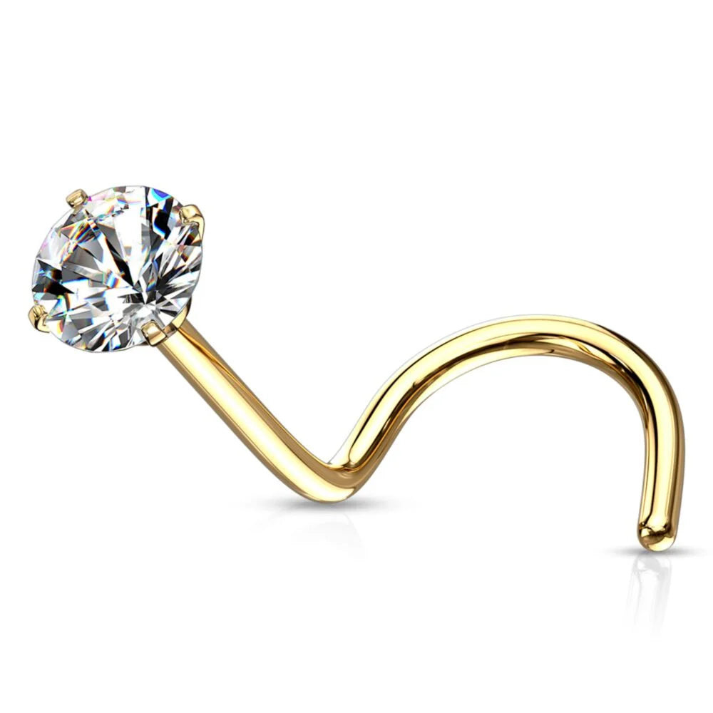 Melchior Jewellery gold plated surgical steel crystal nose screw with round clear solitaire gem body jewellery