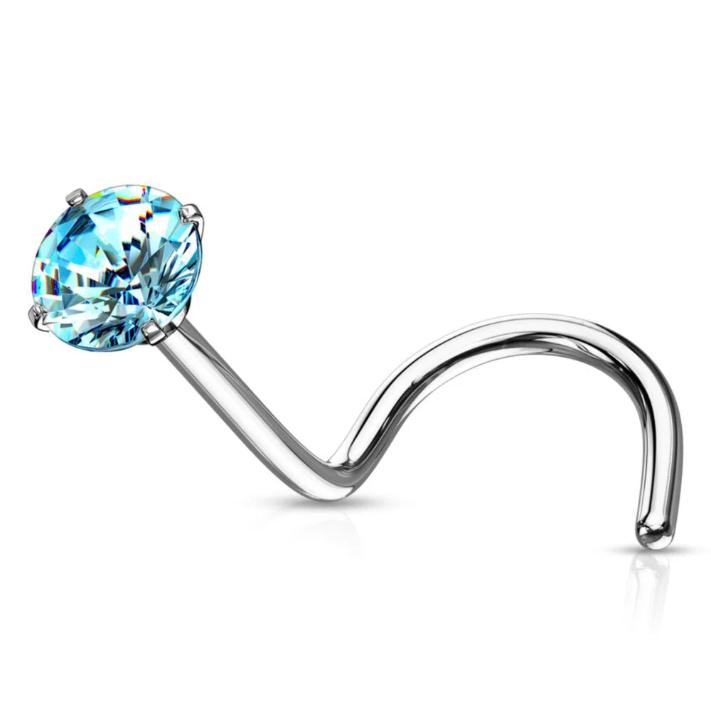 Melchior Jewellery surgical steel crystal nose screw with aquamarine round gem and curved screw stem