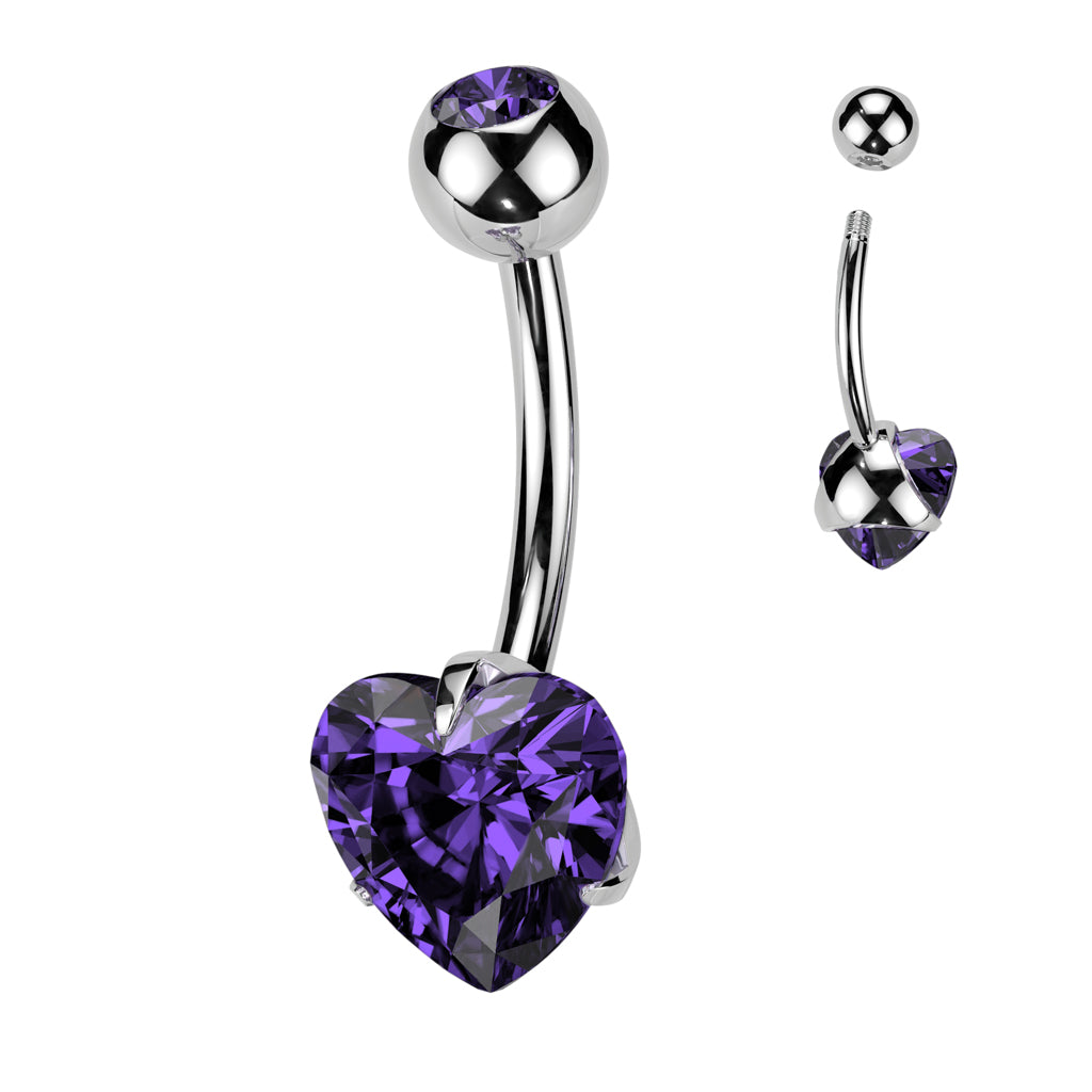 Melchior Jewellery titanium heart belly button bar with purple crystal heart and curved barbell