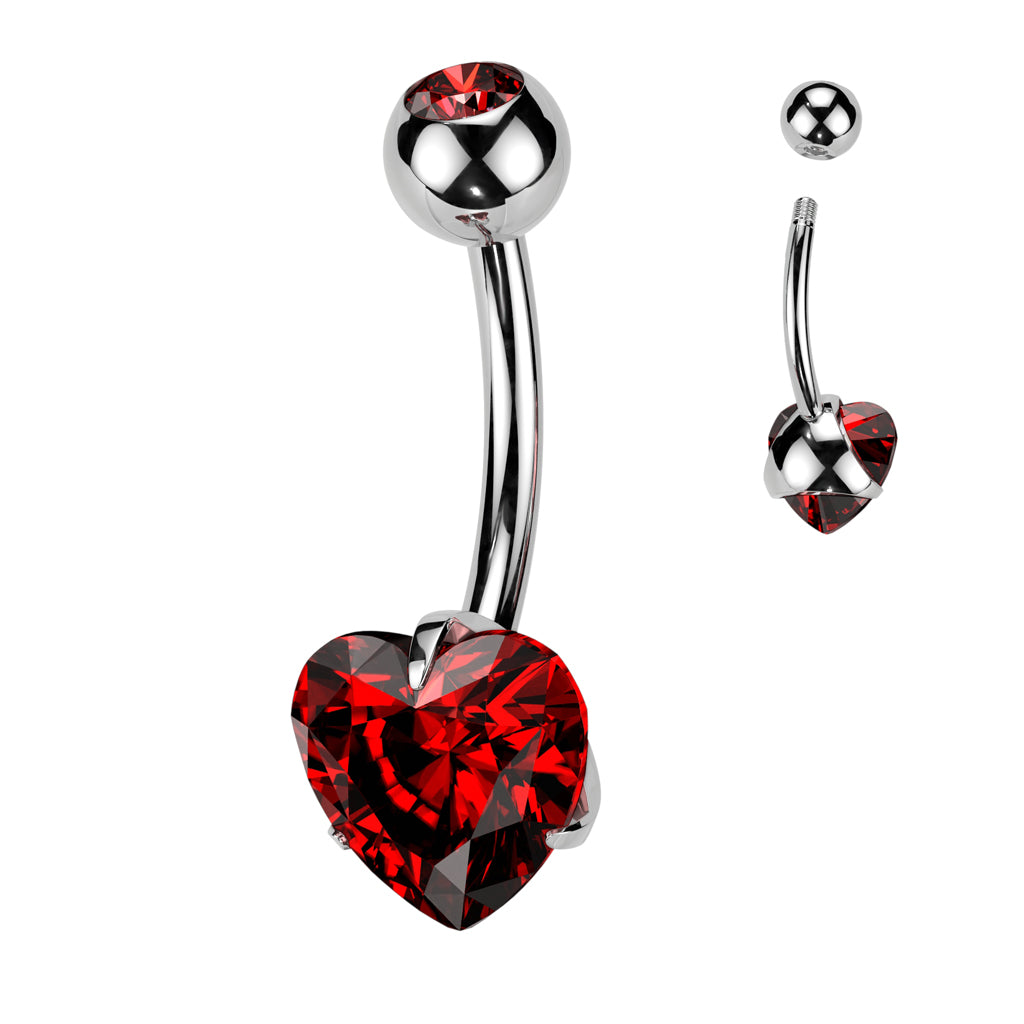 Melchior Jewellery titanium heart belly button bar with red crystal heart on curved barbell