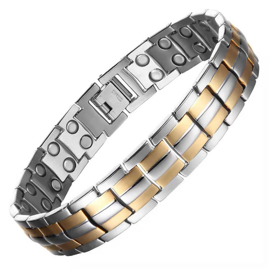 Melchior Jewellery two tone titanium magnetic bracelet pain relief with gold and silver links and therapy magnets