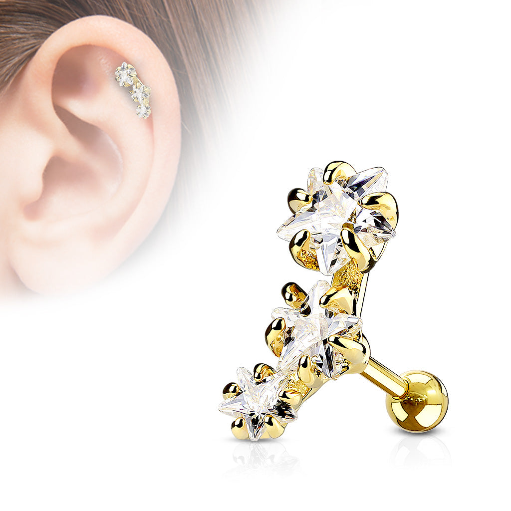 Melchior Jewellery gold triple star cartilage earring with three crystal stars on a curved bar for ear cartilage