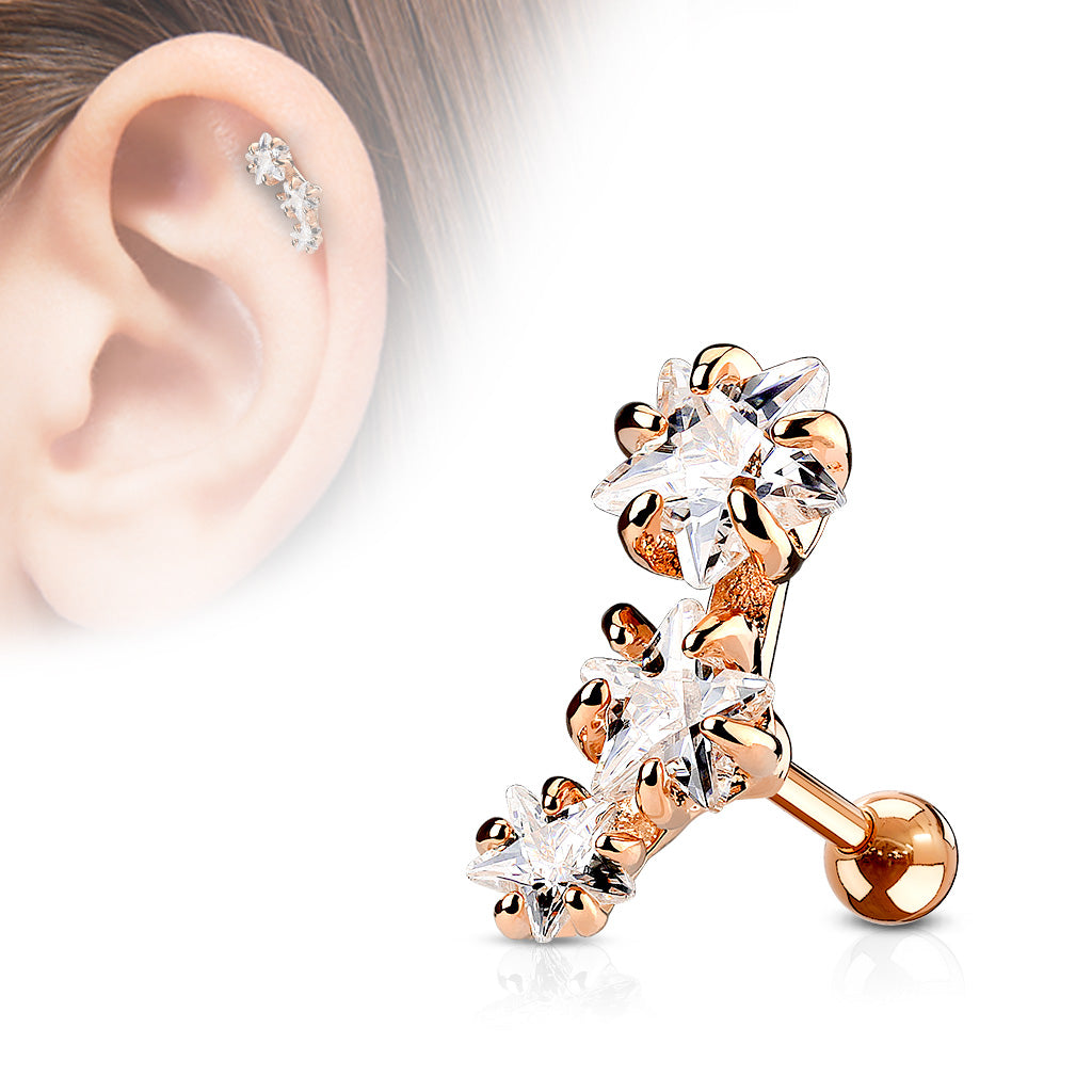 Melchior Jewellery rose gold triple star cartilage earring with three clear crystal stars for helix piercing