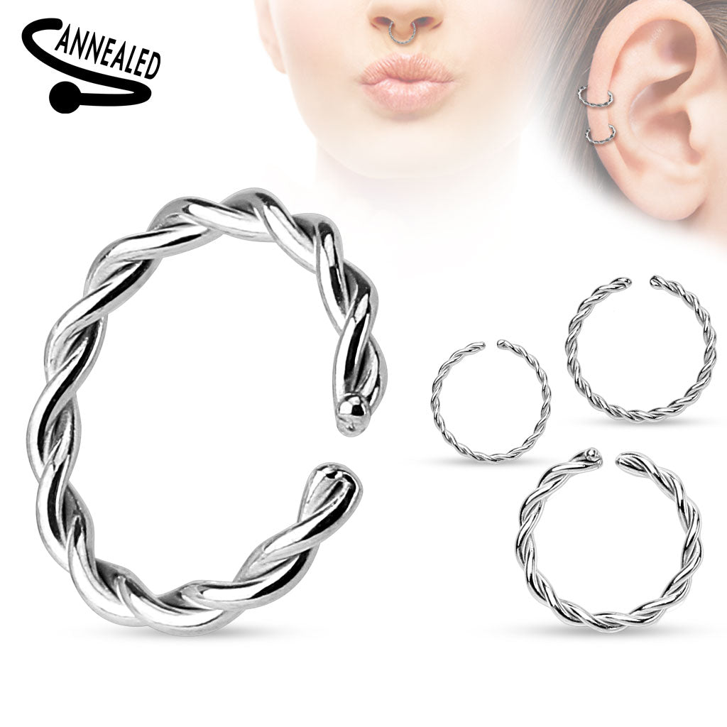 Melchior Jewellery twisted hoop cartilage piercing in polished silver showing three sizes and ear styling