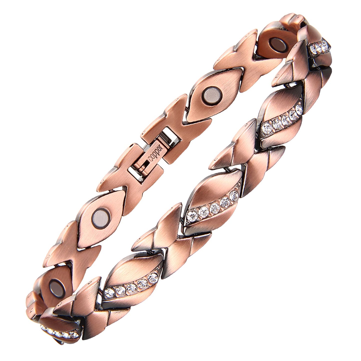 Melchior Jewellery women's copper magnetic bracelet with rose copper links and crystal accents