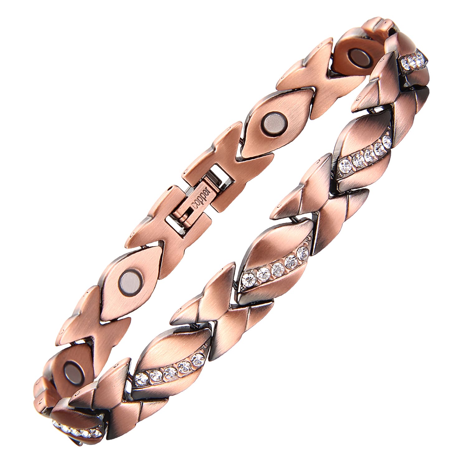 Melchior Jewellery women's copper magnetic bracelet with rose copper links and crystal accents