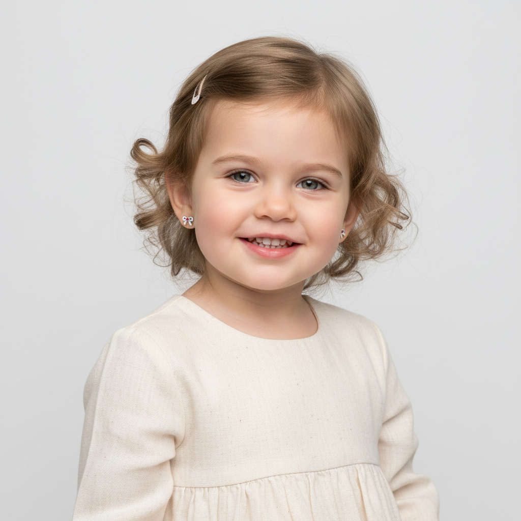 Smiling young girl wearing Melchior Jewellery July birthstone earrings for kids in silver bow design