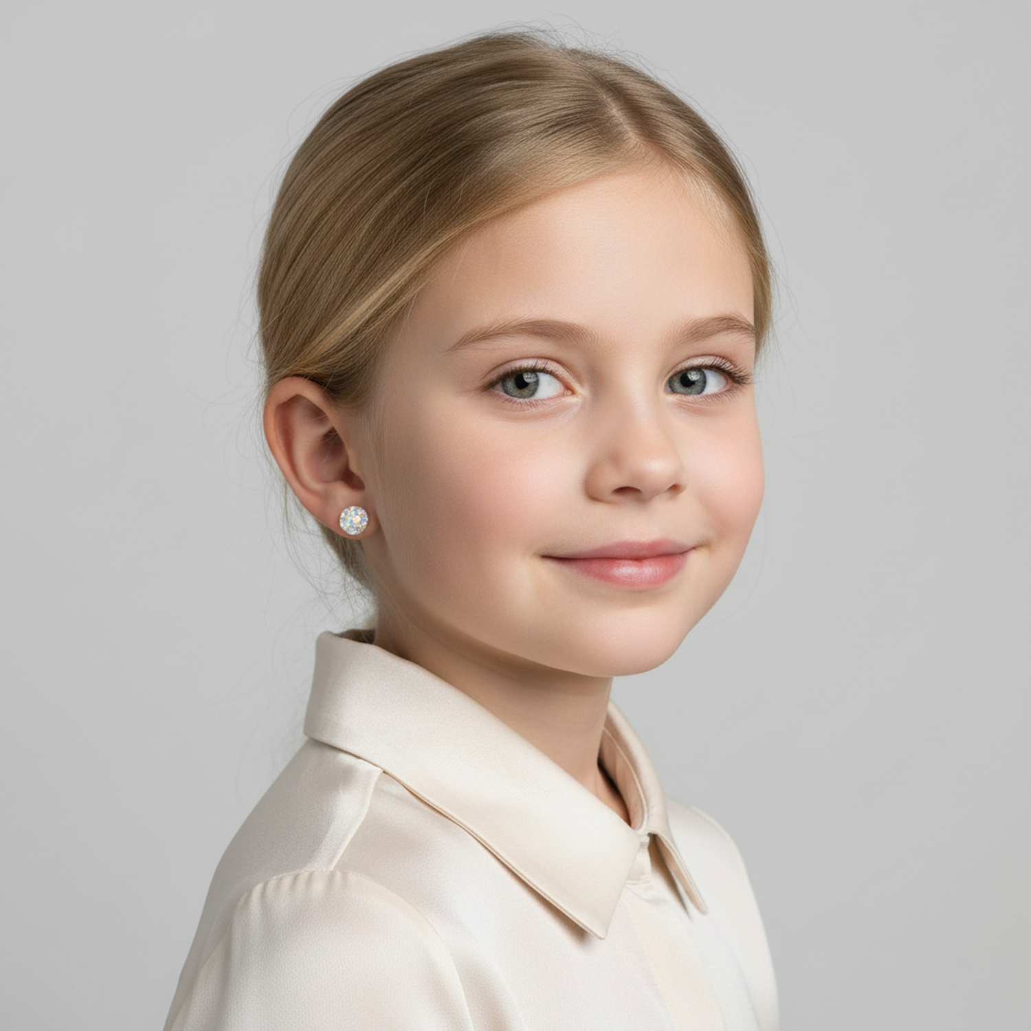 Young girl wearing kids AB crystal stud earrings from Melchior Jewellery in a white shirt