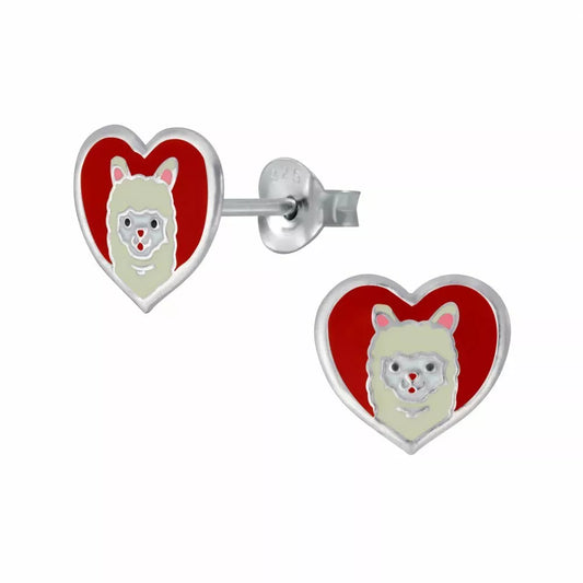 Kids alpaca heart stud earrings by Melchior Jewellery featuring red background and cute alpaca design