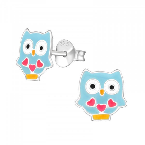 Melchior Jewellery kids blue owl stud earrings sterling silver enamel owl studs with pink heart details