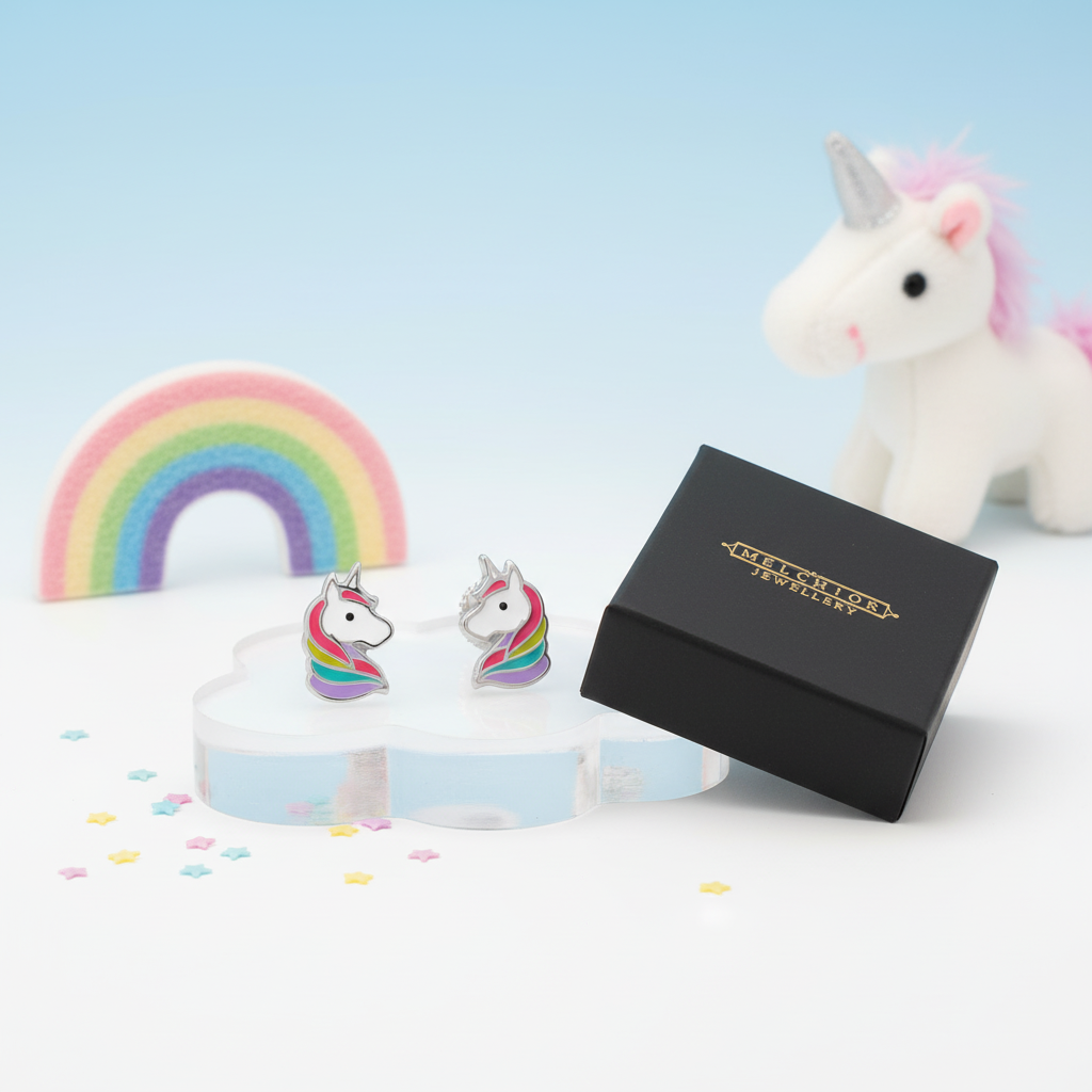 Melchior Jewellery kids colourful unicorn screw back studs displayed with rainbow and unicorn plush