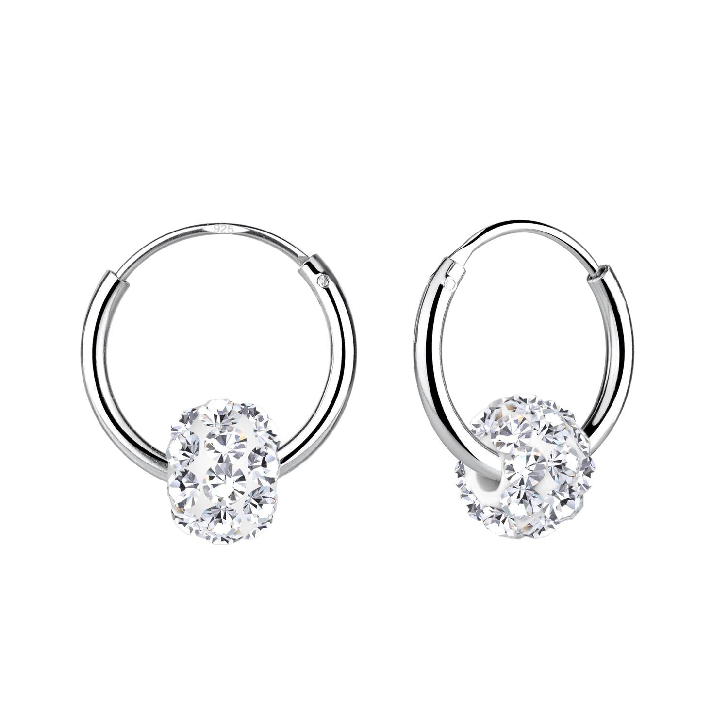 Silver hoops with sparkling clear crystal ball charm earrings for kids by Melchior Jewellery