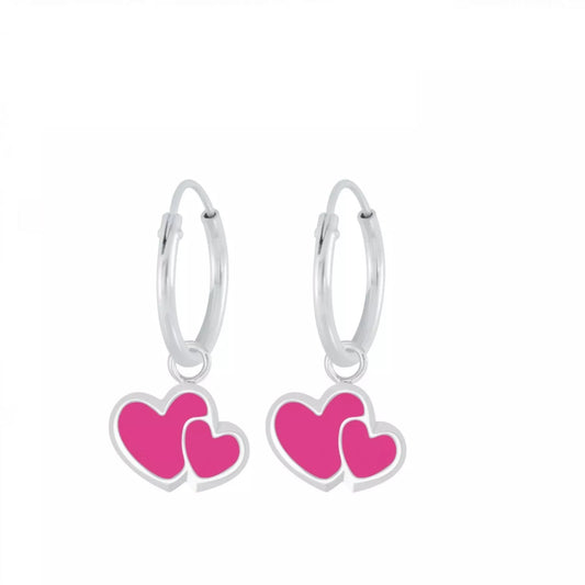 Melchior Jewellery kids double heart hoop earrings with pink heart charms for children
