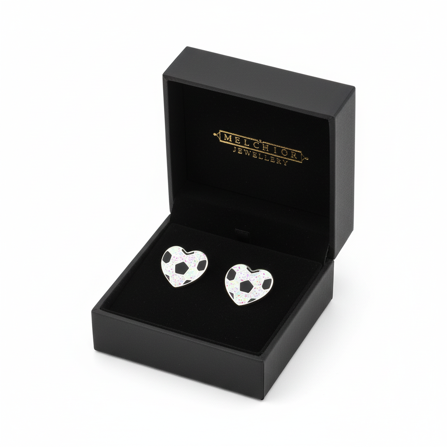 Melchior Jewellery kids Football heart earrings silver heart shaped studs with football pattern in black box