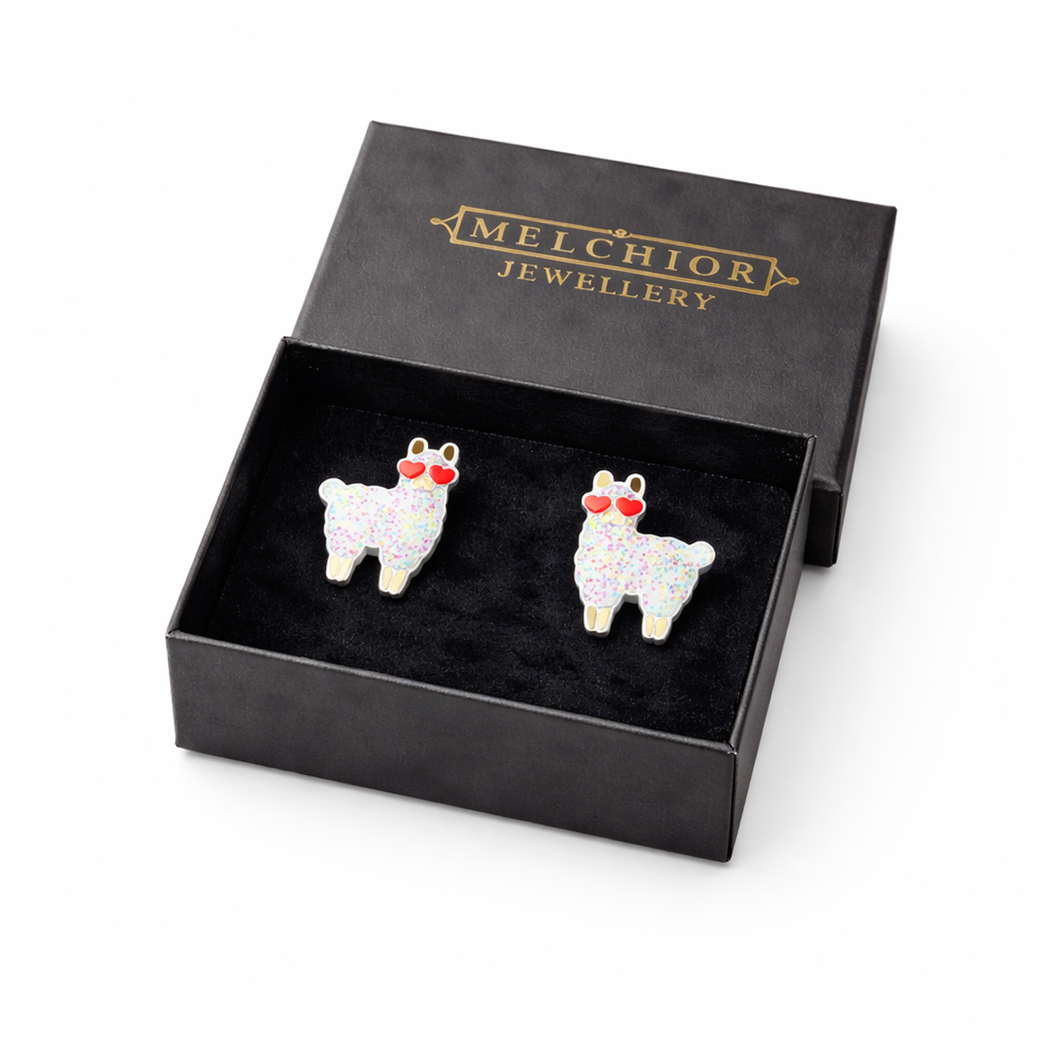 Melchior Jewellery kids glitter llama stud earrings in black presentation box for children