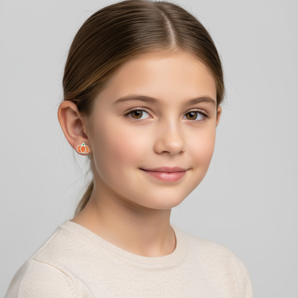 Young girl wearing Melchior Jewellery kids glitter pumpkin stud earrings in orange and silver