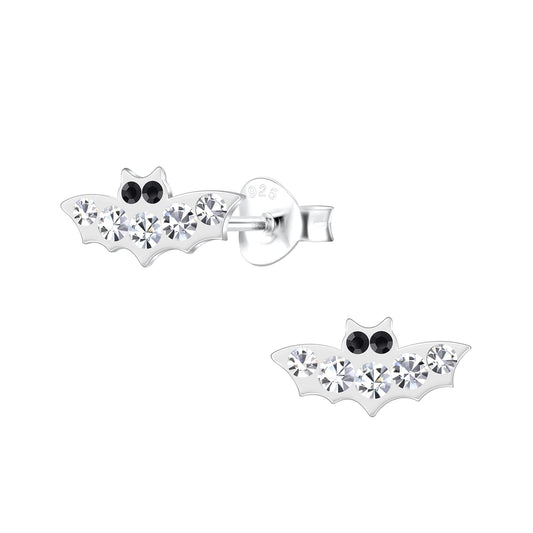 Kids Halloween crystal stud earrings in bat shape with clear crystals and black eyes by Melchior Jewellery