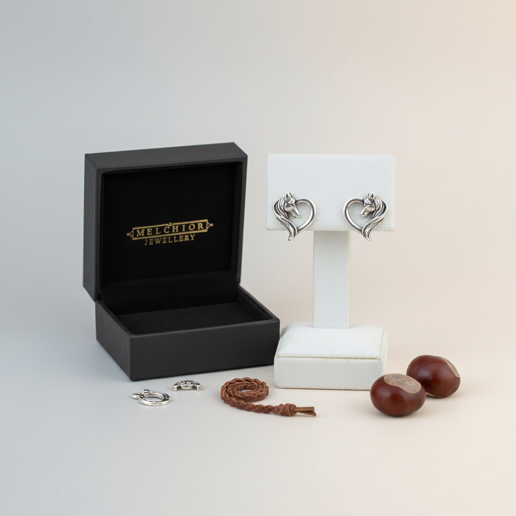 Melchior Jewellery kids heart shaped horse stud earrings in silver displayed on white stand with branded black box