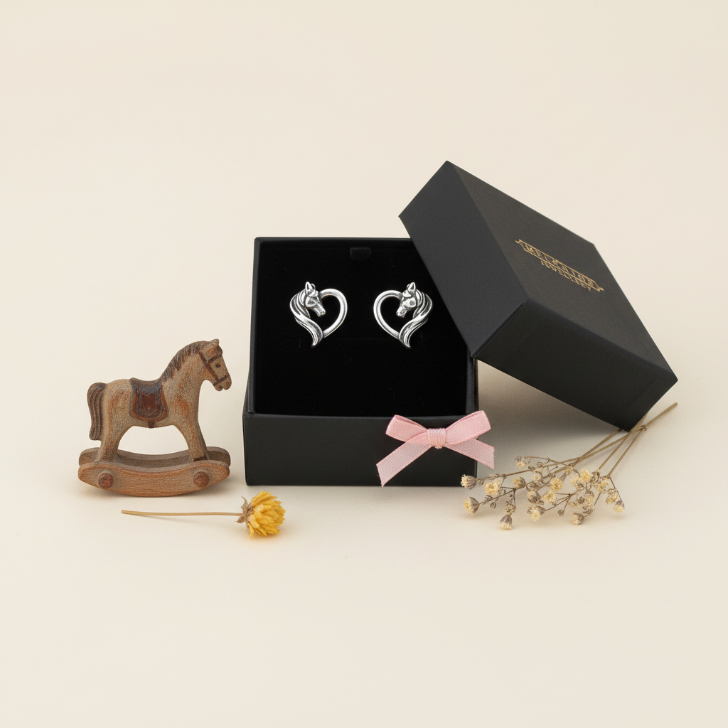 Melchior Jewellery kids heart shaped horse stud earrings displayed in a black gift box with decorative horse and flowers
