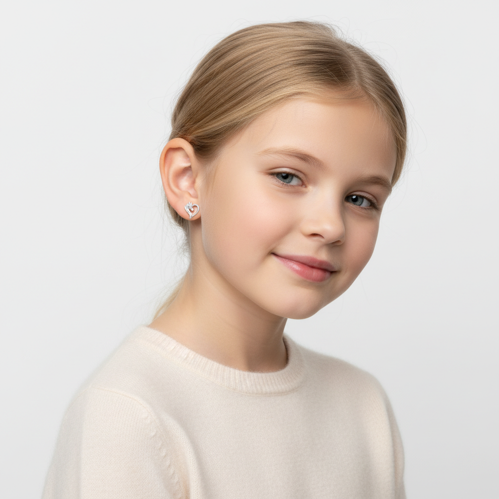 Melchior Jewellery kids horse stud earrings sterling silver worn by young girl with cream jumper