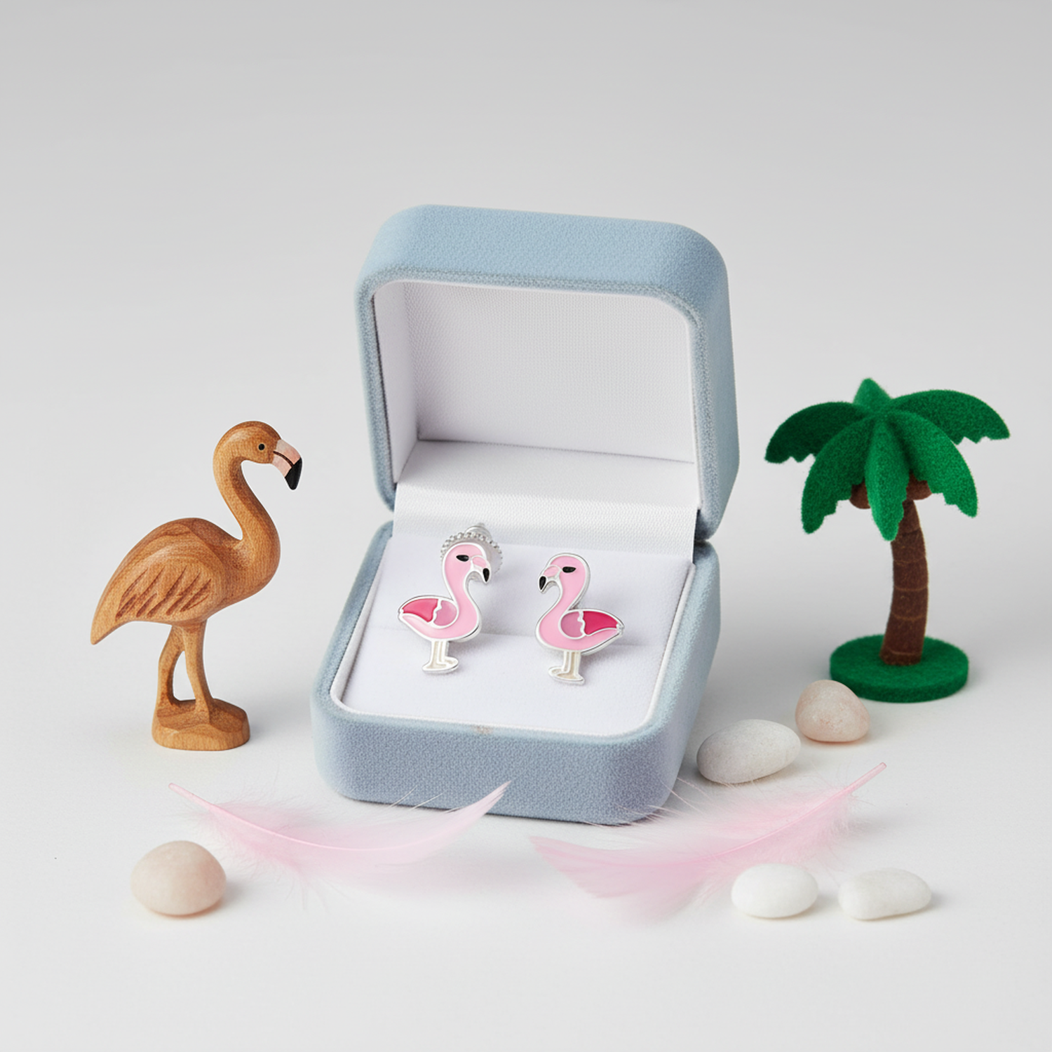 Melchior Jewellery kids hypoallergenic flamingo screw back earrings in blue gift box with decorative props