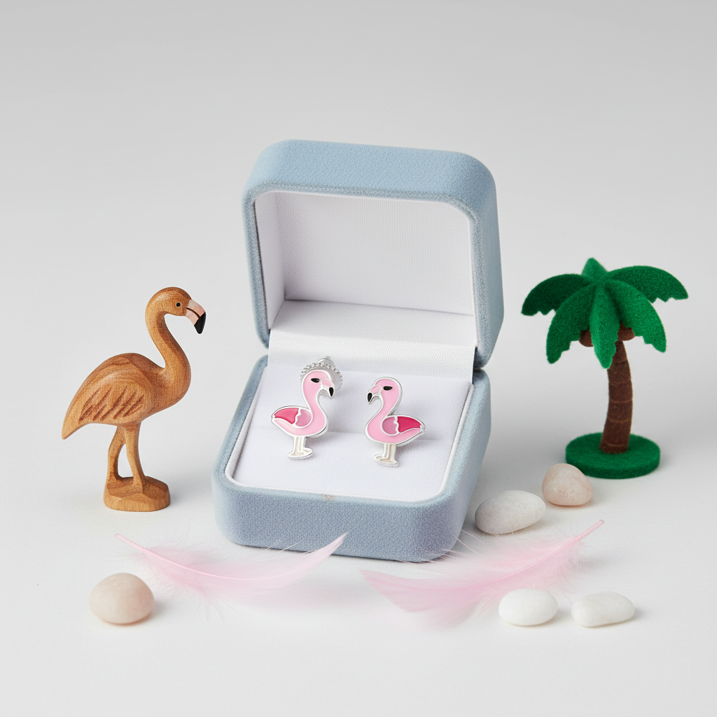 Melchior Jewellery kids hypoallergenic flamingo screw back earrings in blue gift box with decorative props