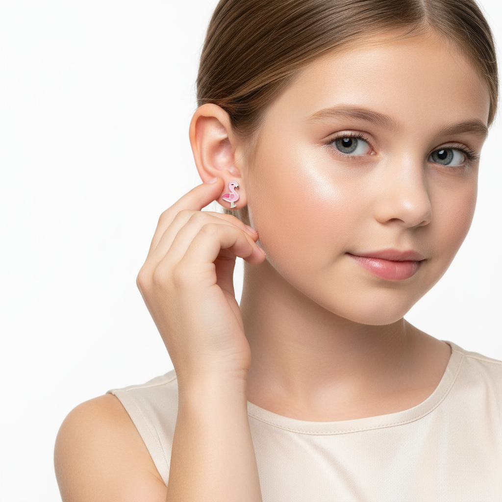 Melchior Jewellery kids hypoallergenic flamingo screw back earrings worn by child model