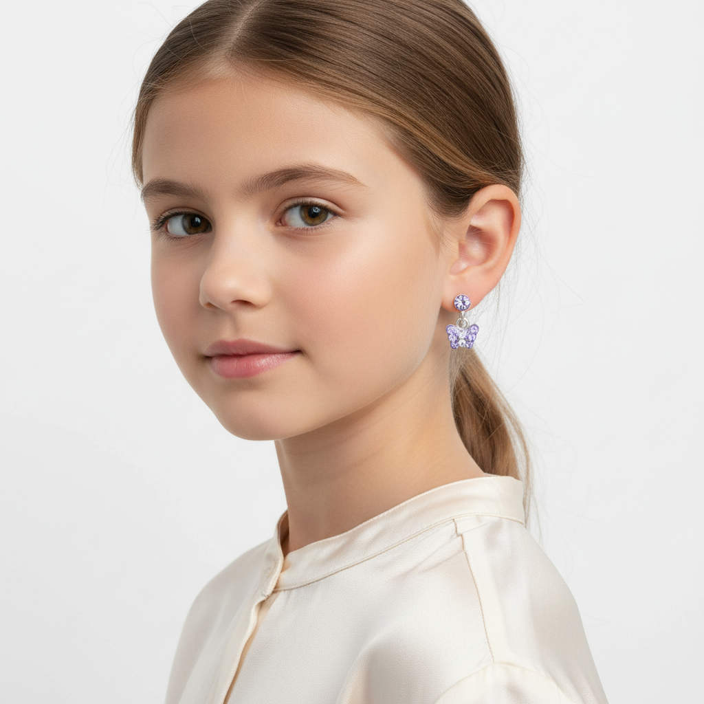 Melchior Jewellery kids lilac drop earrings worn by girl with butterfly design and lilac stones