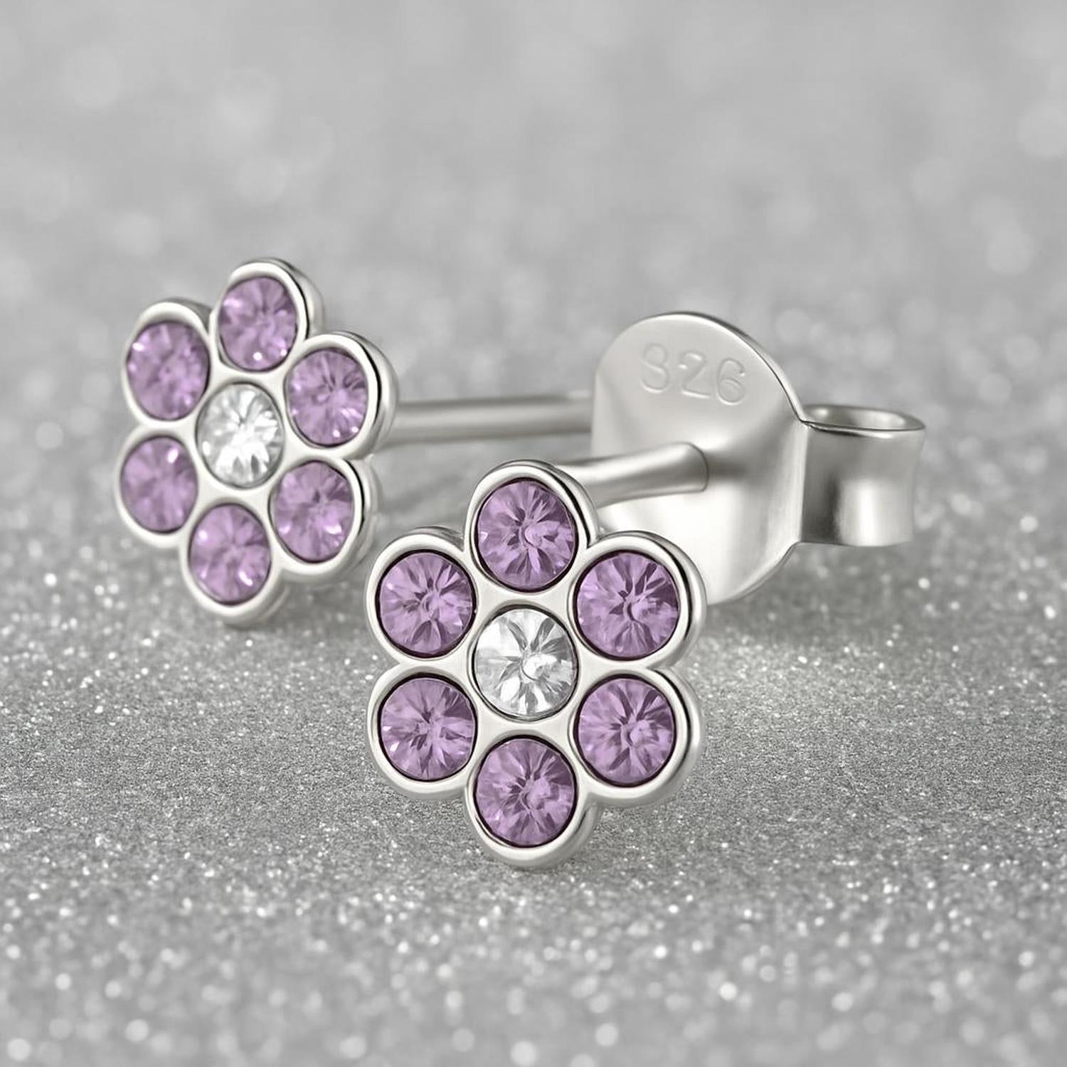 Melchior Jewellery kids lilac flower stud earrings with purple and clear stones in silver settings