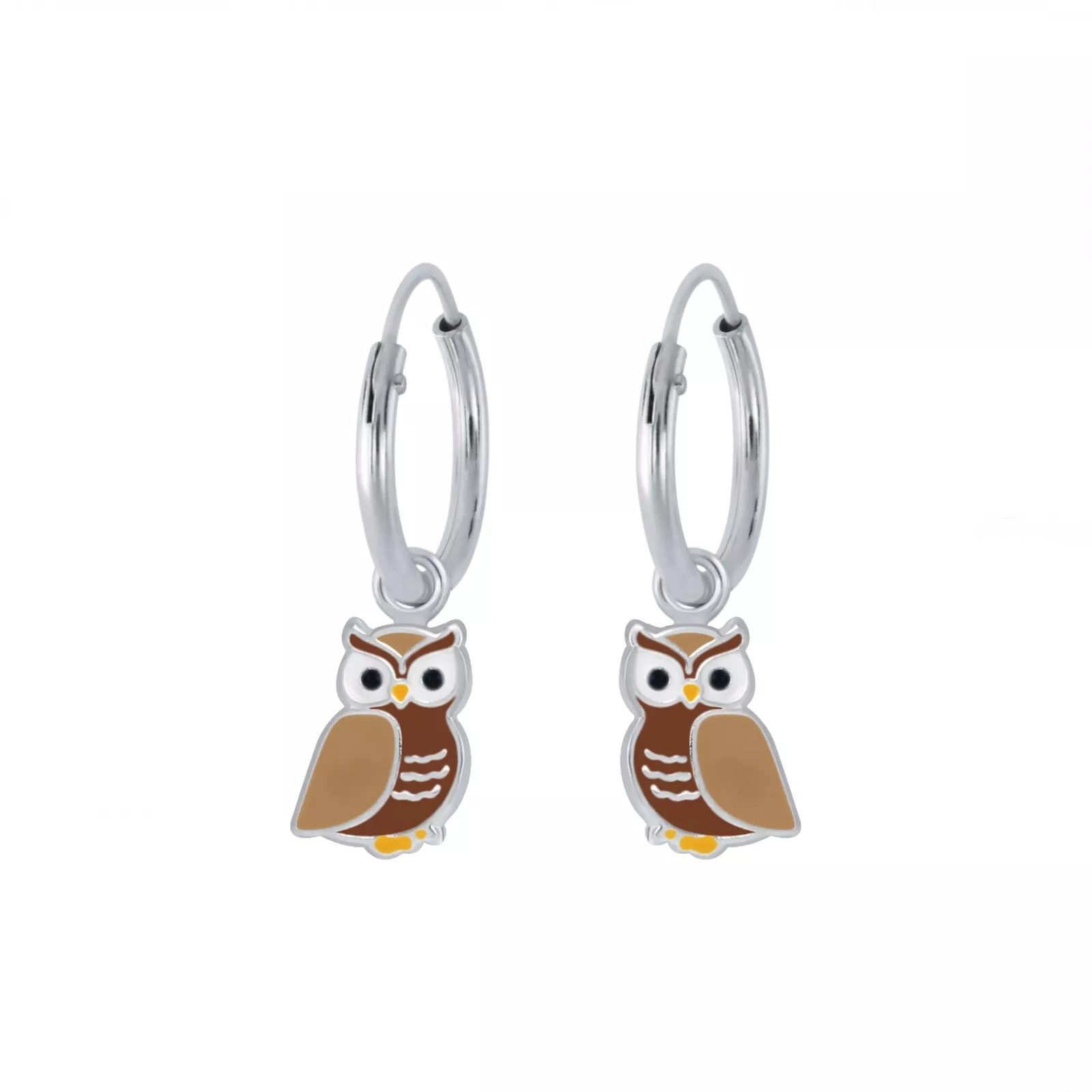 Melchior Jewellery kids owl charm hoop earrings silver hoops with brown and tan enamel owl charms