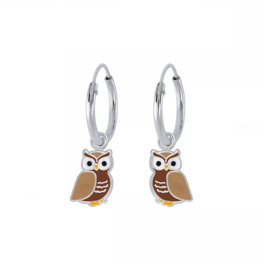 Melchior Jewellery kids owl charm hoop earrings silver hoops with brown and tan enamel owl charms
