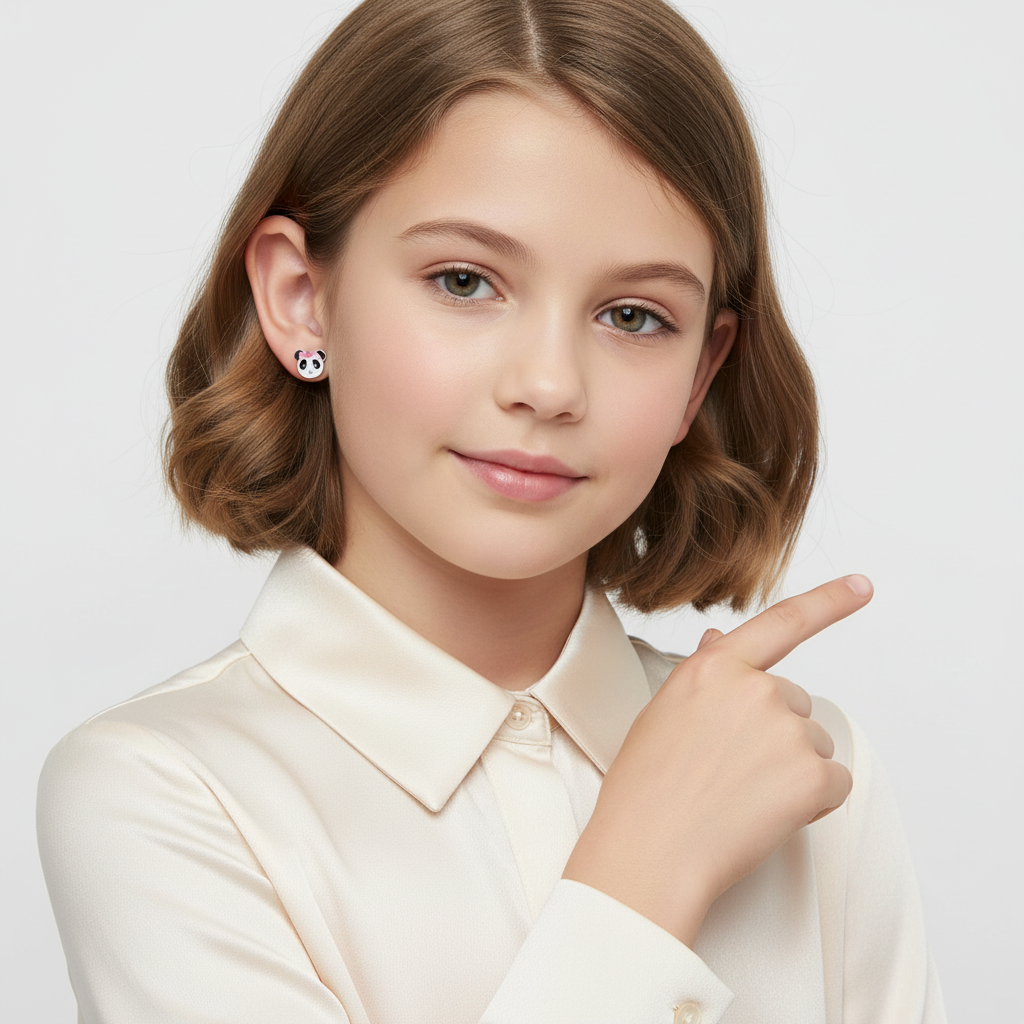 Young girl wearing kids panda bear stud earrings by Melchior Jewellery in white shirt