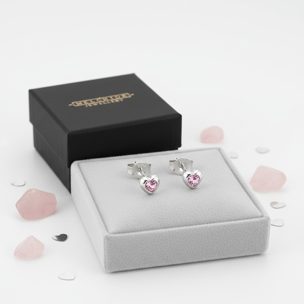 Melchior Jewellery kids pink crystal stud earrings in heart shape displayed on white cushion with black box