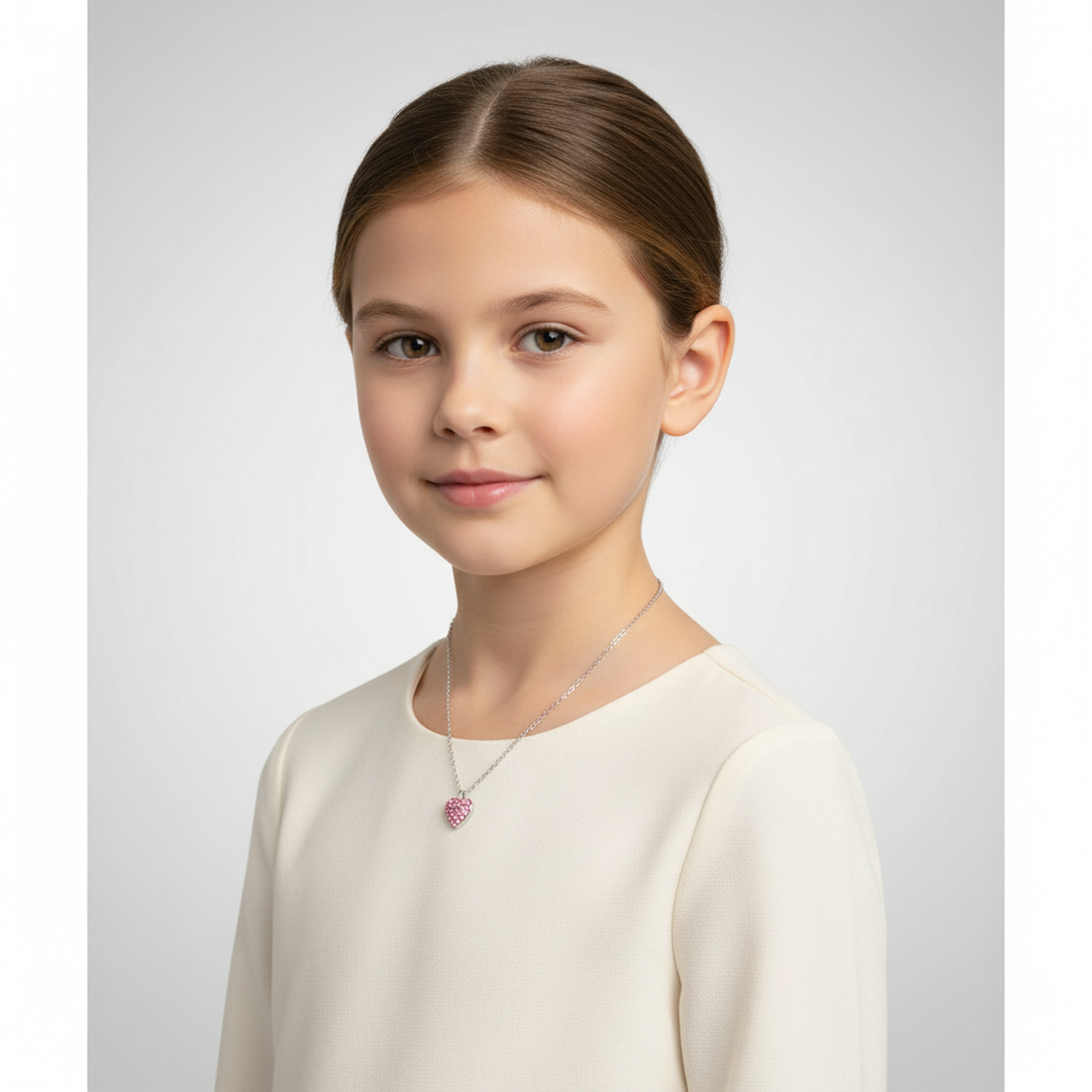 Young girl wearing a kids pink heart necklace sterling silver by Melchior Jewellery